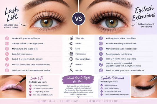 Lash lift vs eyelash extensions comparison showing natural lifted lashes and fuller extended lashes