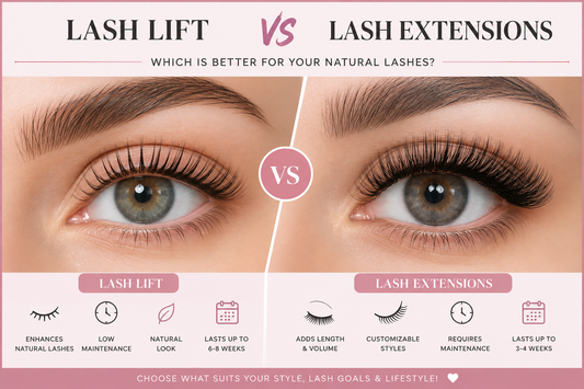 Lash lift vs eyelash extensions comparison showing natural lifted lashes and fuller extended lashes.