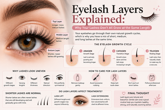 Eyelash layers infographic showing a close-up eye and explaining why natural eyelashes grow at different lengths, including the anagen, catagen, and telogen growth stages, common lash variations, and gentle lash-care tips.