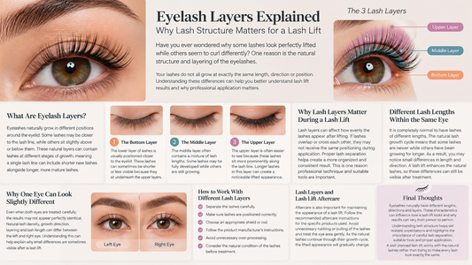 Eyelash layers explained with a close-up lash lift diagram showing bottom, middle, and upper lash layers,