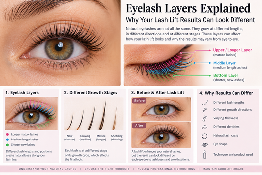 Eyelash layers showing shorter, medium, and longer natural lashes and how lash layers can affect lash lift results.