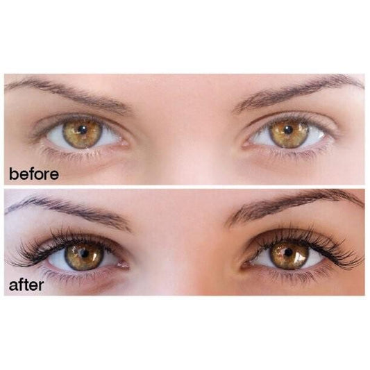 Eyelash tint vs mascara comparison showing darker natural lashes with tint and defined lashes with mascara.