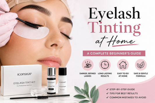Eyelash tinting at home beginner’s guide featuring an eyelash tint kit and lash tint application