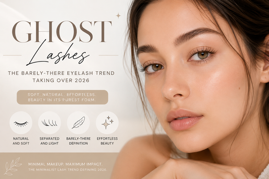 Ghost lashes 2026 beauty trend featuring a woman with soft, natural, barely-there eyelashes and minimalist makeup.