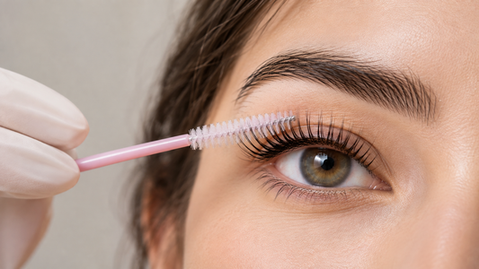 Beauty professional gently brushing lifted eyelashes during lash lift aftercare
