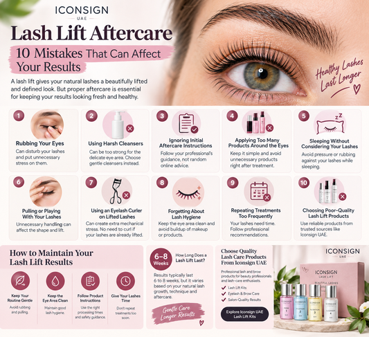Iconsign UAE lash lift aftercare infographic showing 10 common mistakes to avoid, including rubbing eyes, harsh cleansers, excessive products, eyelash curlers, poor lash hygiene, and frequent treatments, with tips for maintaining healthy lifted lashes.