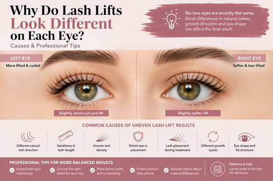 Lash lift results looking different on each eye due to natural lash direction, length, density, shield placement, and eye shape