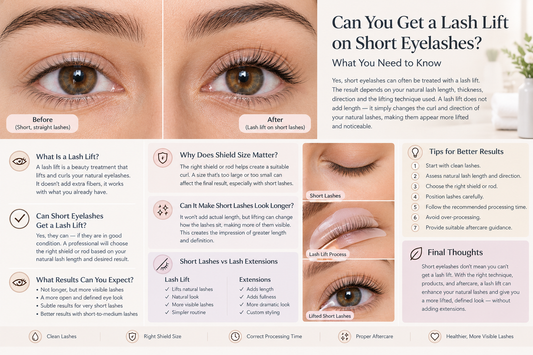 Lash lift on short eyelashes showing before and after results, with guidance on shield selection, lash placement, processing time, and proper aftercare.