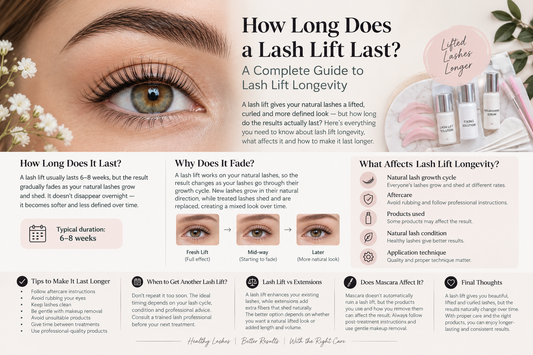 Lash lift longevity guide showing lifted natural eyelashes, a typical 6–8 week duration, the natural lash growth cycle, factors affecting results, aftercare tips, and guidance on when to repeat a lash lift.”