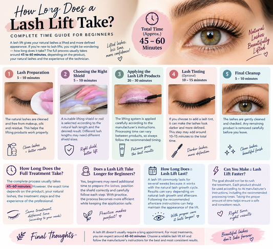 Lash lift time guide infographic showing the five treatment stages—lash preparation,