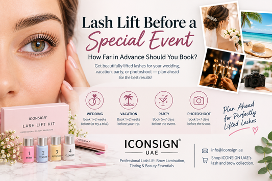 Lash lift before a special event showing beautifully lifted lashes with wedding, vacation, party, and photoshoot planning themes.