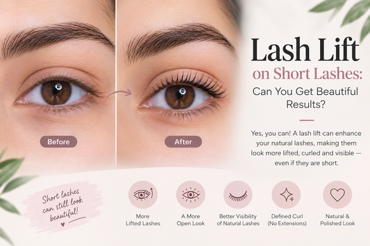 Lash lift on short lashes showing a before-and-after comparison, with visibly lifted, curled, and more defined natural lashes.