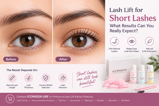 Lash lift for short lashes showing before-and-after results, with lifted natural lashes and professional lash lift products.