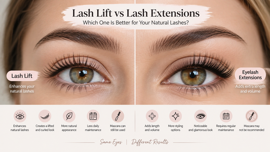 Lash lift vs lash extensions comparison showing naturally lifted lashes on one side and fuller, longer eyelash extensions on the other, with key differences in curl, volume, natural appearance, and maintenance.
