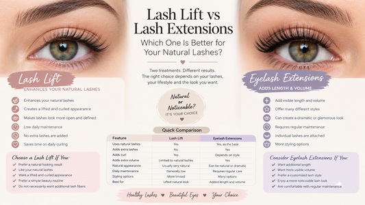 Lash lift vs eyelash extensions comparison showing natural lifted lashes, added length and volume, benefits, maintenance, and quick comparison table.