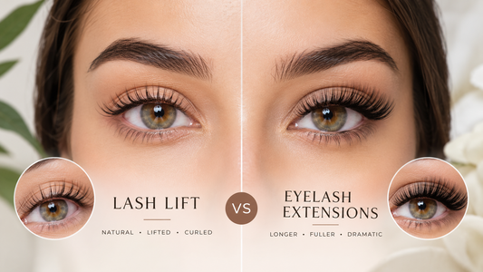 Lash lift vs eyelash extensions comparison showing natural lifted lashes and fuller lash extensions.