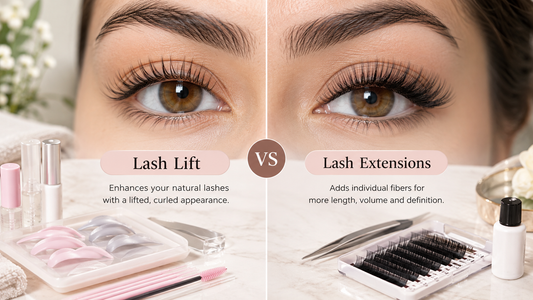 Lash lift vs lash extensions comparison showing natural lifted lashes on one side and fuller, longer lash extensions on the other, with lash beauty tools displayed below.
