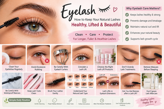 Eyelash care guide showing gentle cleansing, makeup removal, clean lash tools, careful curling