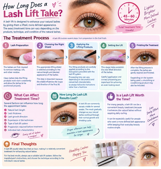 Infographic showing how long a lash lift takes, including the typical 45–60 minute treatment time, five treatment steps, factors that affect appointment duration, how long results last, and tips for achieving a clean, long-lasting lash lift.