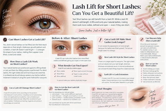 Lash lift for short lashes guide showing before-and-after results, how a lash lift enhances short natural lashes, suitable lash lift styles, aftercare tips, and the difference between lifting lashes and adding extensions.”