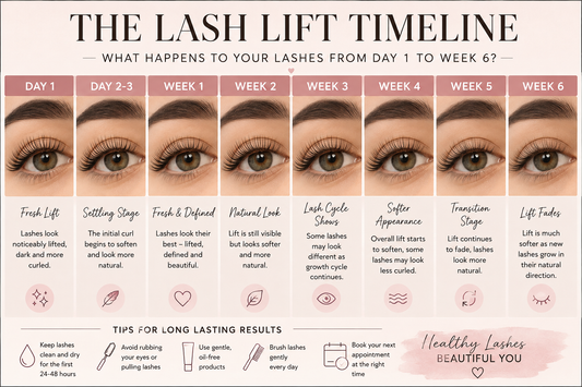 Lash lift timeline showing how eyelashes change from Day 1 to Week 6, including the fresh lift, settling stage, natural growth cycle, and gradual fading of the lift.