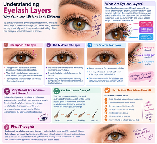 Infographic explaining eyelash layers, including upper, middle, and shorter lash layers, how natural lash growth and shedding can affect lash lift results, why lifts may look uneven, and tips for achieving a balanced lash lift.