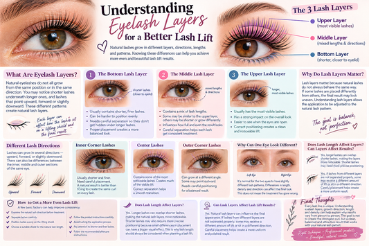 Eyelash layers infographic showing upper, middle, and bottom lash layers, different lash growth directions, inner, center, and outer corner lashes, and how lash length and natural growth patterns can affect lash lift results and symmetry.