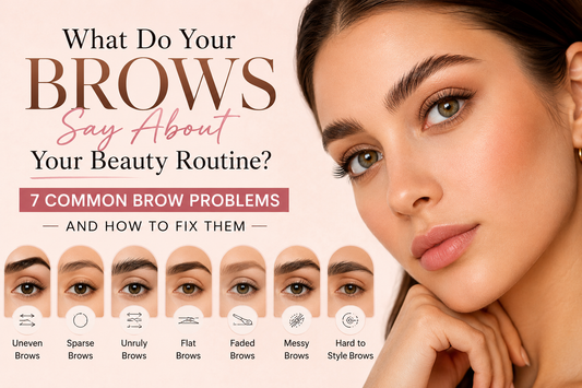 Beauty infographic showing common brow problems including uneven, sparse, unruly, flat, faded, messy, and hard-to-style eyebrows.