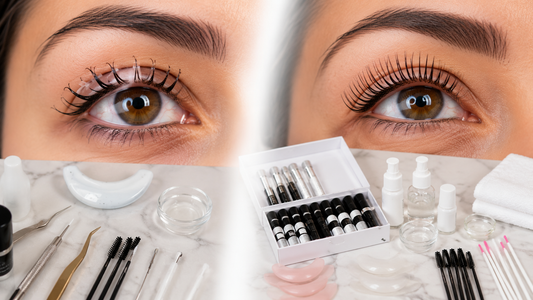 Lash lift mistakes showing uneven eyelashes compared with a professional, evenly lifted result and lash lift tools.