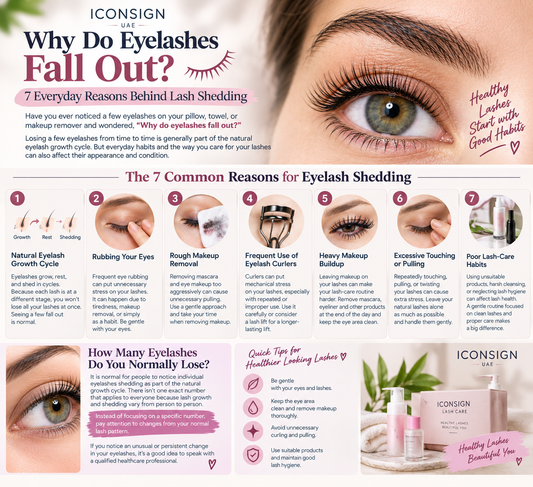 Iconsign UAE infographic explaining 7 common reasons for eyelash shedding, including natural lash growth, eye rubbing, rough makeup removal, frequent eyelash curler use, heavy makeup buildup, excessive touching, and poor lash-care habits.