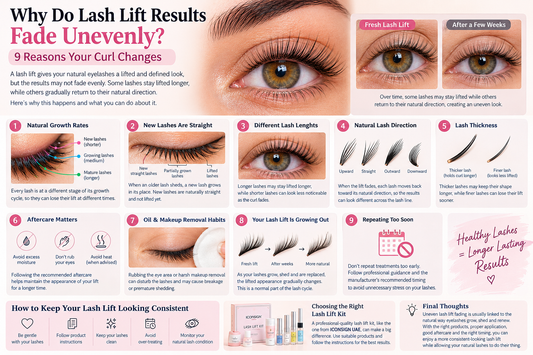 Infographic showing why lash lift results fade unevenly, including natural lash growth, different lash lengths, directions, thicknesses, aftercare, and regrowth.