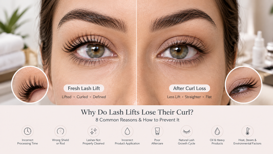 Why lash lifts lose their curl, showing freshly lifted lashes compared with straighter lashes and highlighting common causes such as incorrect processing time, poor aftercare, oil, natural lash growth, and heat exposure.