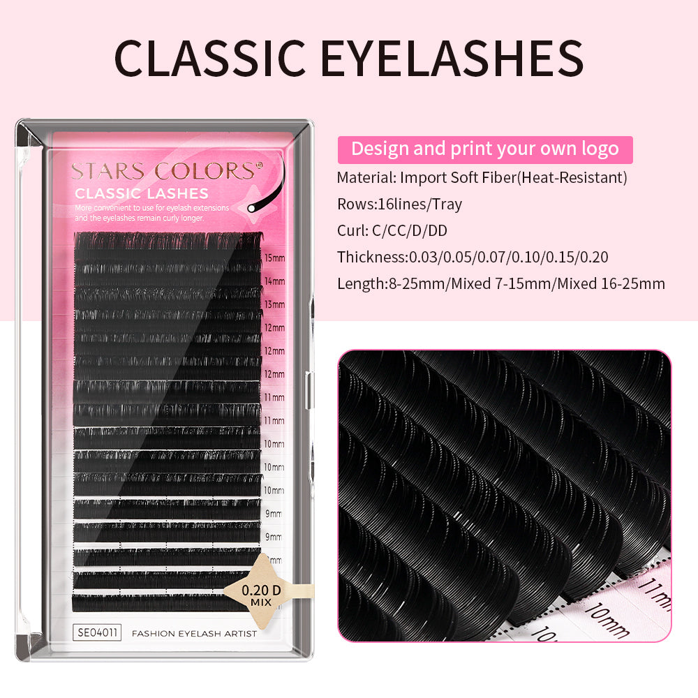Iconsign Stars Colors Premium Classic Eyelash Extensions, Matte Black Super Soft Lash Extensions Tray, High-Temperature Resistant Individual Lashes (16 Rows, C/CC/D/DD Curl, 0.03–0.20mm Thickness, 7–25mm / Mixed Trays)