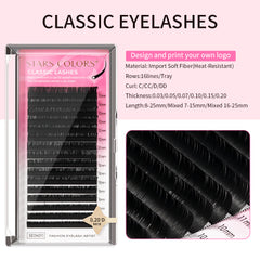 Iconsign Stars Colors Premium Classic Eyelash Extensions, Matte Black Super Soft Lash Extensions Tray, High-Temperature Resistant Individual Lashes (16 Rows, C/CC/D/DD Curl, 0.03–0.20mm Thickness, 7–25mm / Mixed Trays)