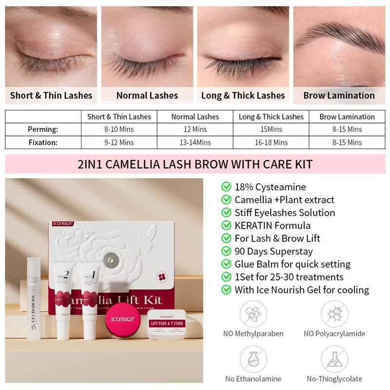 ICONSIGN Camellia Lash Lift & Brow Lamination Kit – 2-in-1 Gentle Plant Extract Perming Kit with Hygiene Tubes, Glue Balm & Vegan Keratin Iconsign UAE