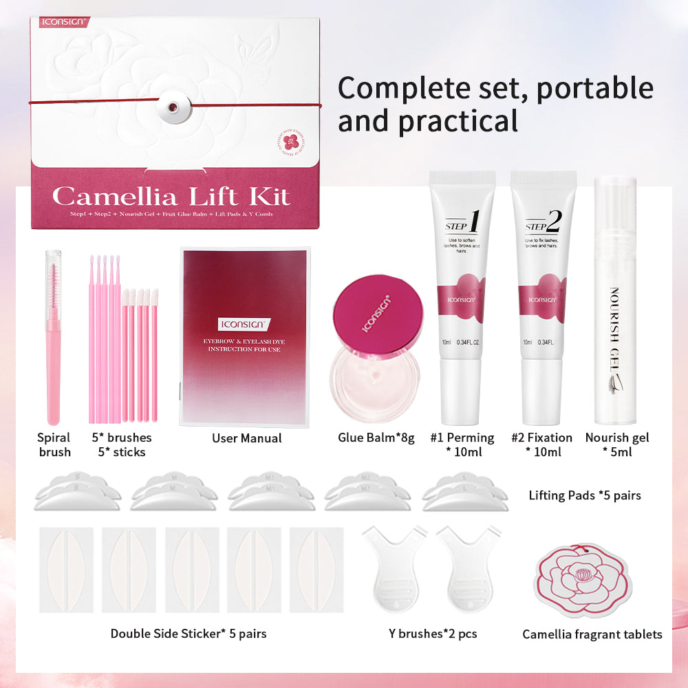 ICONSIGN Camellia Lash Lift & Brow Lamination Kit – 2-in-1 Gentle Plant Extract Perming Kit with Hygiene Tubes, Glue Balm & Vegan Keratin Iconsign UAE