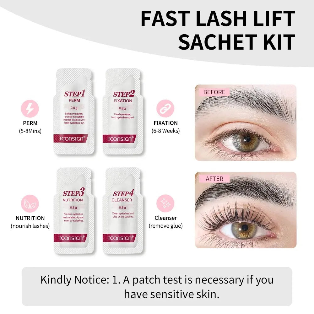 Perm, fixation, nutrition, and cleanser bottles from the ICONSIGN lash lift kit in order