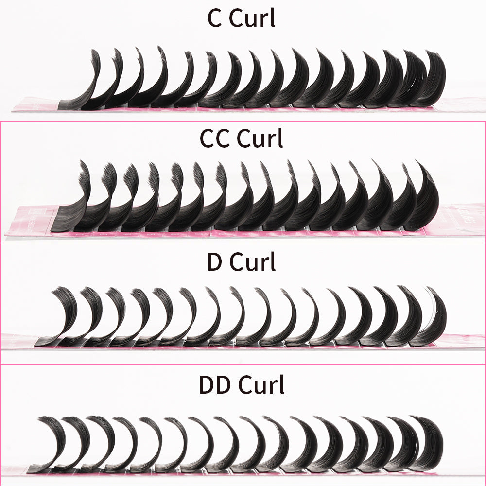 Side view of C, CC, D and DD curl classic lash extensions next to each other to show the difference in lift