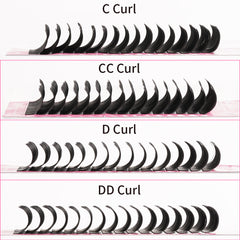 Side view of C, CC, D and DD curl classic lash extensions next to each other to show the difference in lift