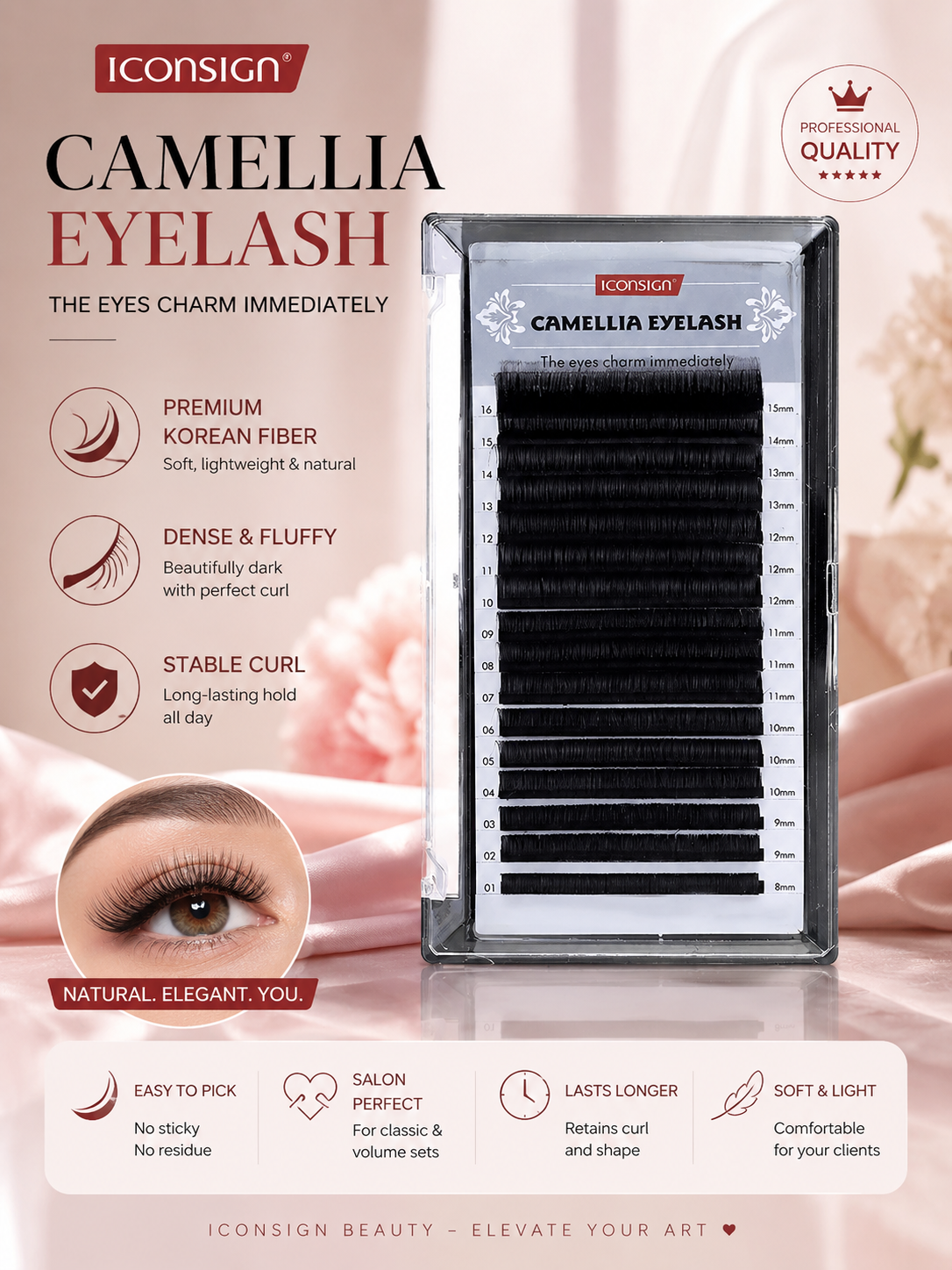 ICONSIGN Camellia Lash Extensions Mixed Length (8-15mm) 16 Lines – Soft Matte Black Volume Fan Lashes, C/D Curl Professional & DIY Eyelash Extensions Tray Iconsign UAE