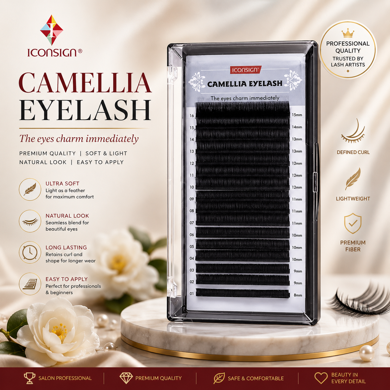 ICONSIGN Camellia Lash Extensions Mixed Length (8-15mm) 16 Lines – Soft Matte Black Volume Fan Lashes, C/D Curl Professional & DIY Eyelash Extensions Tray Iconsign UAE