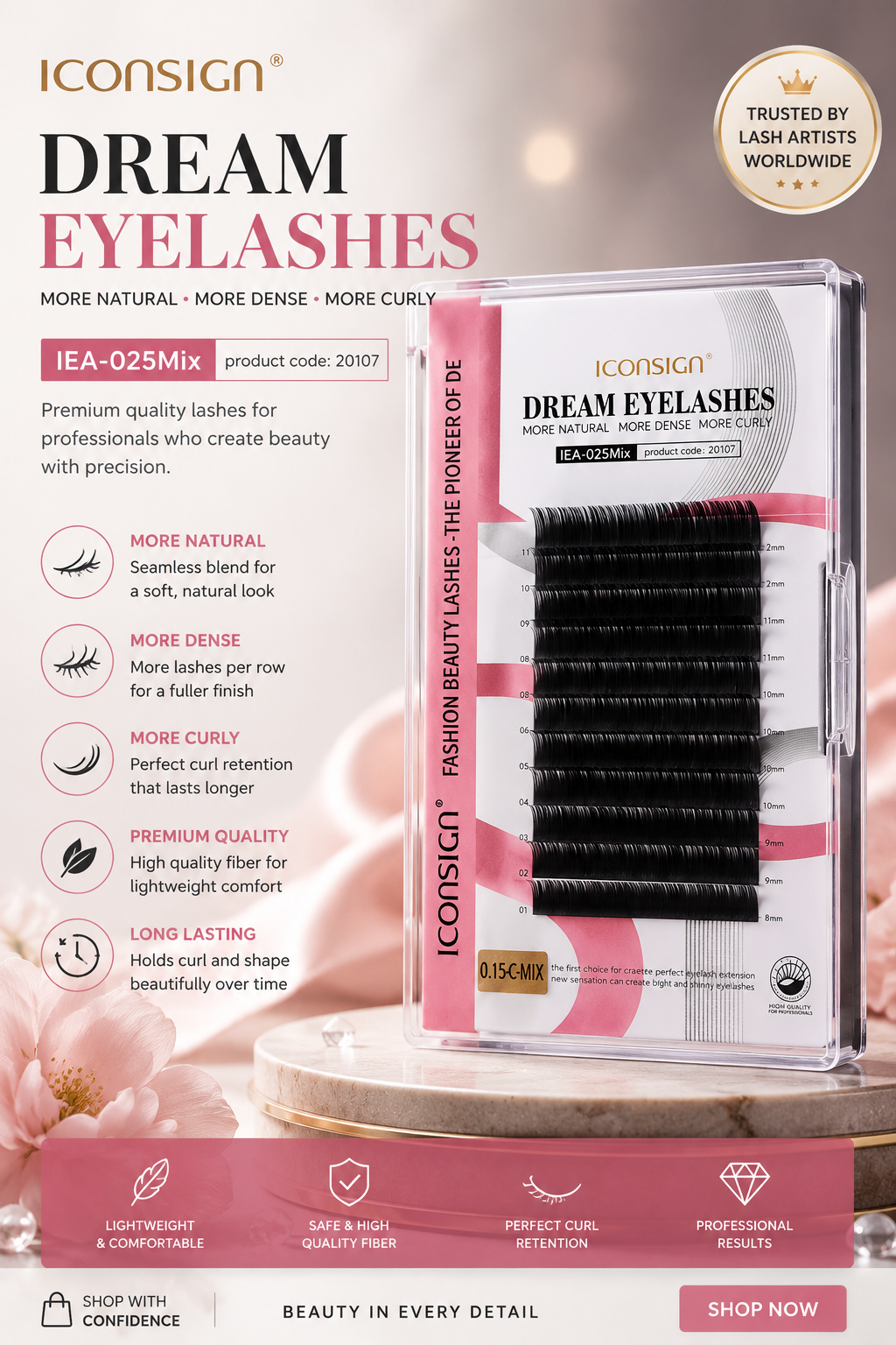 ICONSIGN Dream Eyelashes Individual Lash Extensions Mix Tray (0.15mm Thickness, C-Curl, 8–12mm Mixed Lengths) – Professional Soft Mink Style Eyelash Extension for Salon & DIY Iconsign UAE