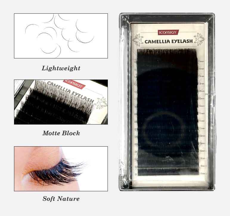 ICONSIGN Camellia Lash Extensions Mixed Length (8-15mm) 16 Lines – Soft Matte Black Volume Fan Lashes, C/D Curl Professional & DIY Eyelash Extensions Tray