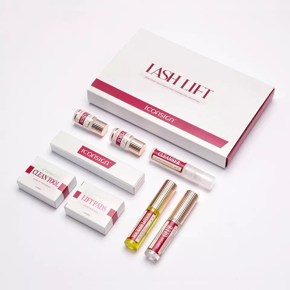 Iconsign Eyelash Perming and Lifting Kit showing updated tools and spray cleanser for professional lash perms