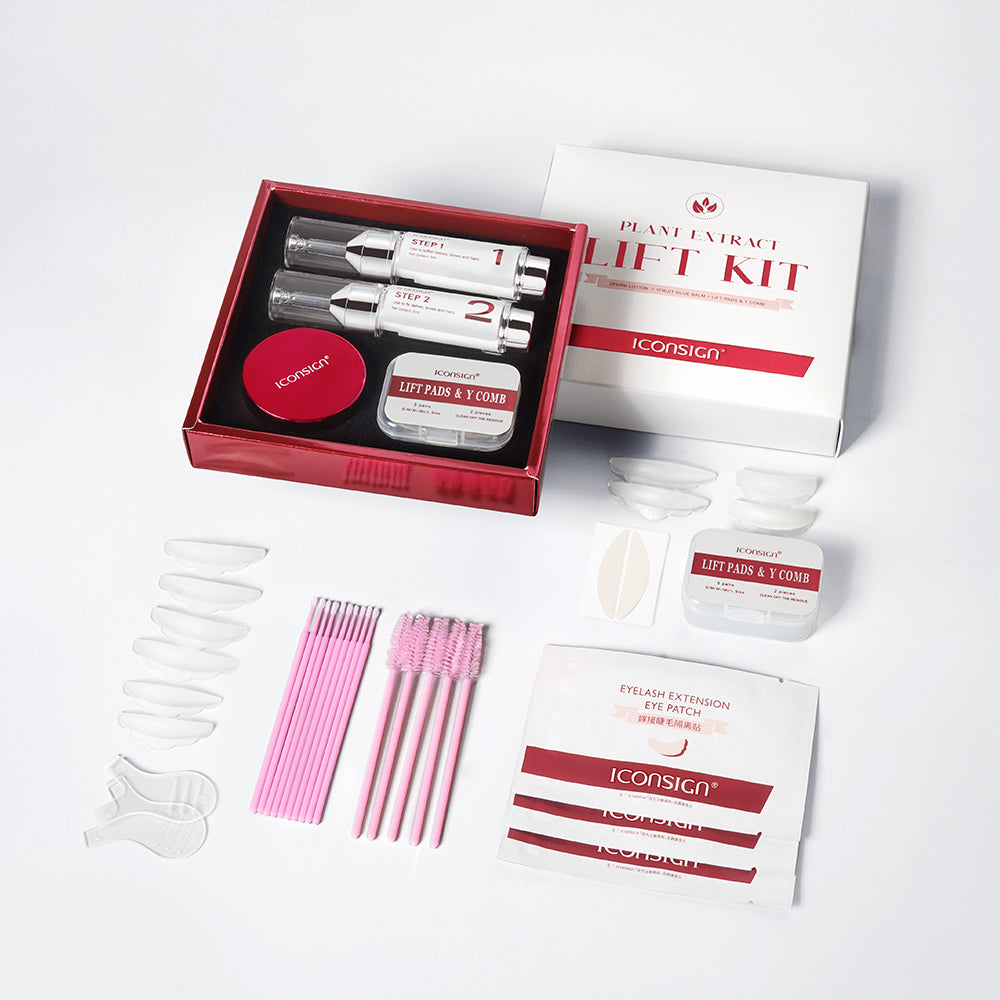 Iconsign lash lift and brow lamination kit with press-pump bottles, glue balm, and silicone pads