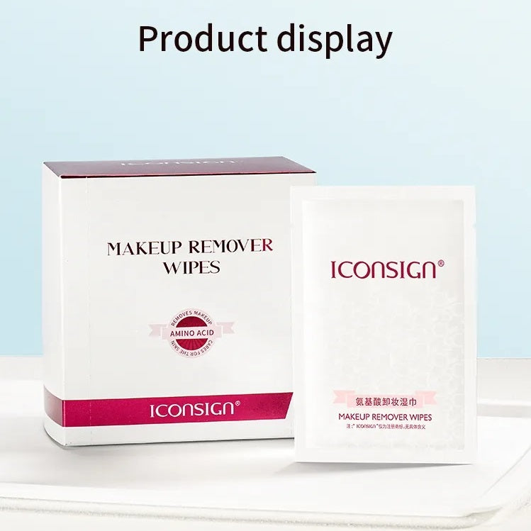 Individually wrapped Iconsign makeup remover wipe sachets ready for travel