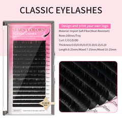 Sixteen-row tray of matte black ICONSIGN classic eyelash extensions on a white surface