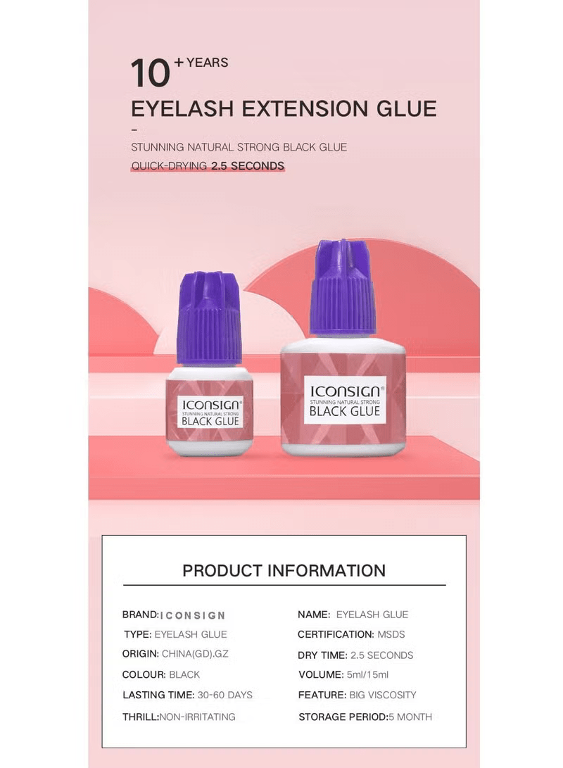 Components of a lash glue extension kit including black lash glue