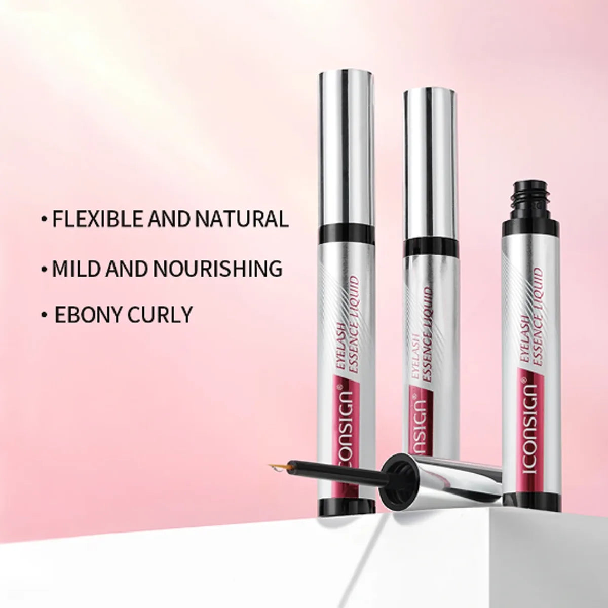 Close-up of ICONSIGN’s lash serum applicator showing gentle, easy-to-use design for fuller lashes and brows