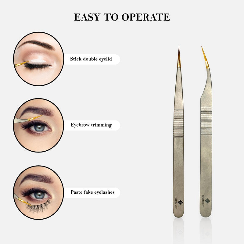Close-up of Iconsign lash tweezer tips showing different shapes and angles